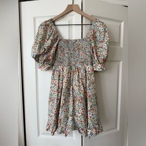 Kourt Portia Blue Floral Square Neck Smocked Dress Small